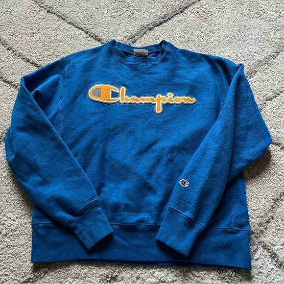 Champion Reverse Weave Sweatshirt Spellout Yellow Blue Crewneck medium - Picture 1 of 9